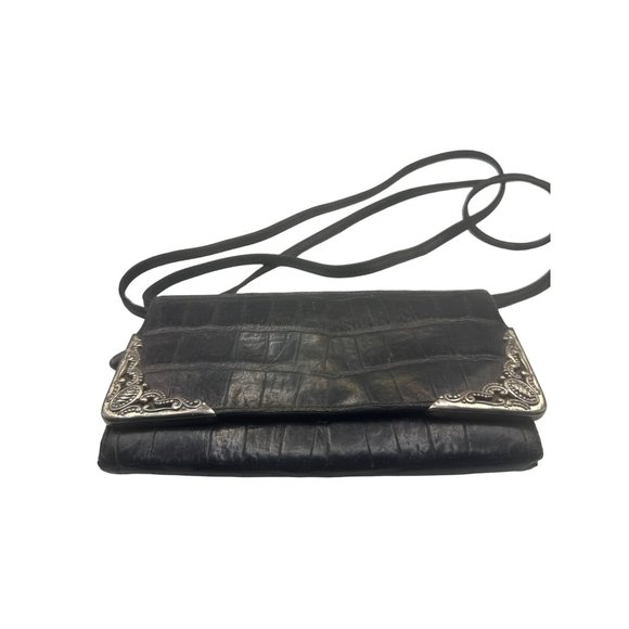 VTG Brighton Convertible Crossbody Clutch Purse Wallet Trifold Black Embossed - Picture 1 of 7